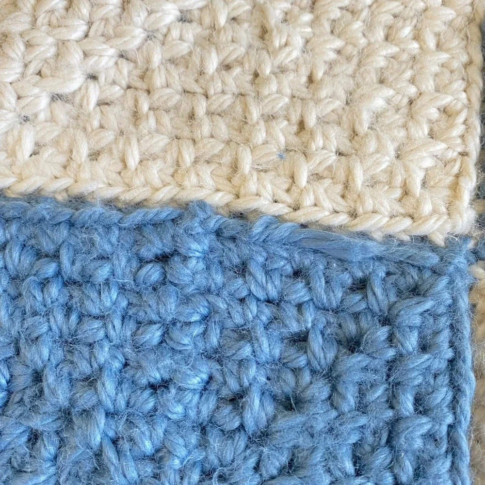 Vintage Handmade‎ Crochet Baby Blanket Blue Cream Checkered Super Soft 40x32